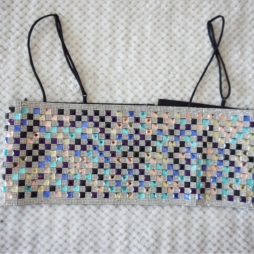 Zara Multi-Color Sequin Checkered Crop Top with Black Straps